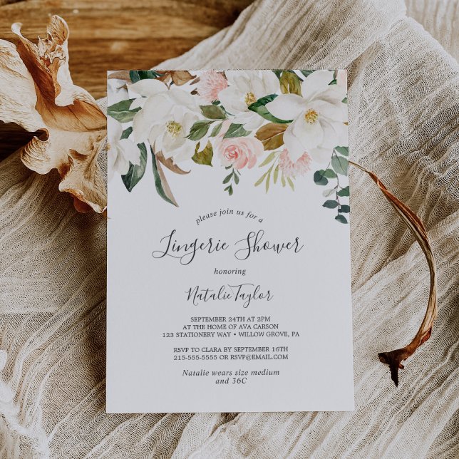 Elegant Magnolia | White and Blush Lingerie Shower Invitation
