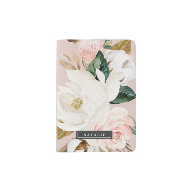 Elegant Magnolia | White and Blush Personalized Passport Holder (Front)
