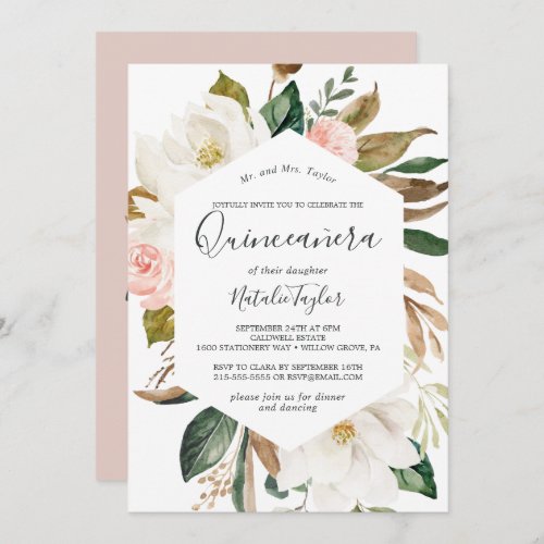 Elegant Magnolia  White and Blush Quinceaera Invitation