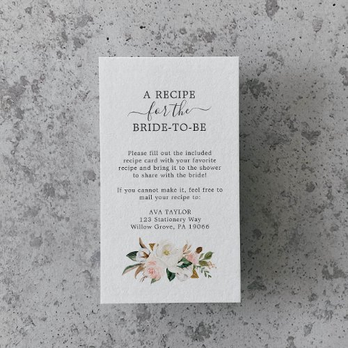 Elegant Magnolia  White and Blush Recipe Request Enclosure Card
