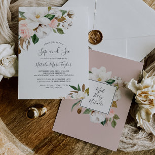 Elegant Magnolia   White and Blush Sip and See Invitation