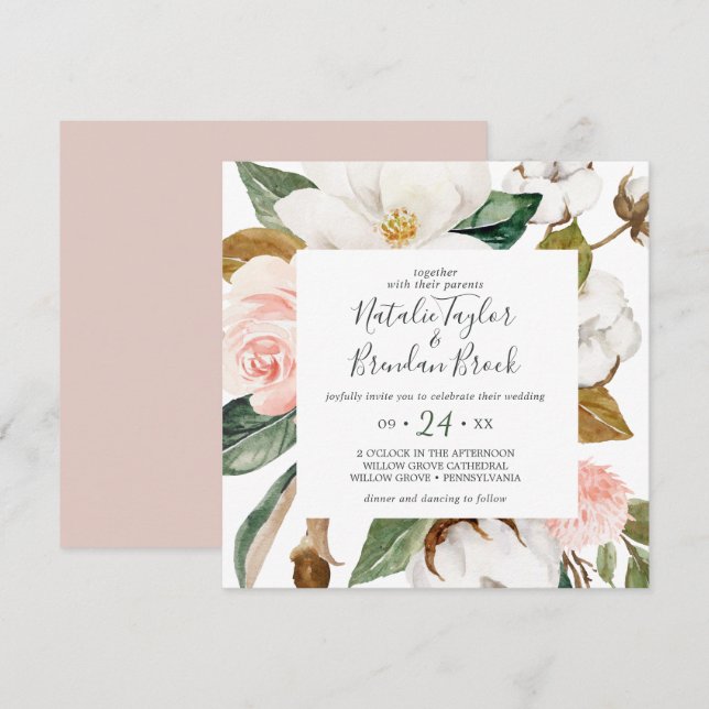 Elegant Magnolia | White and Blush Square Wedding Invitation (Front/Back)