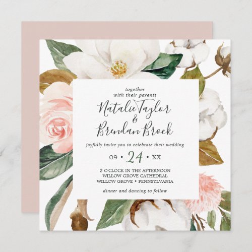 Elegant Magnolia  White and Blush Square Wedding Invitation