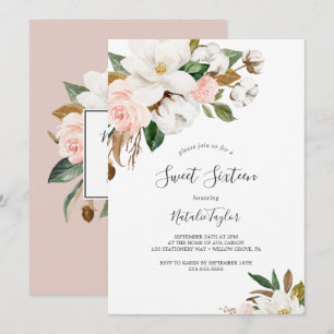 Elegant Magnolia White and Blush Sweet Sixteen Invitation