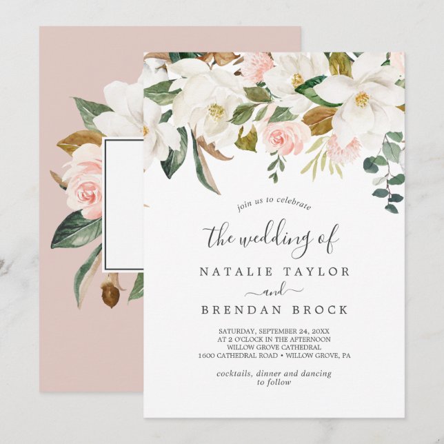 Elegant Magnolia | White and Blush The Wedding Of Invitation (Front/Back)