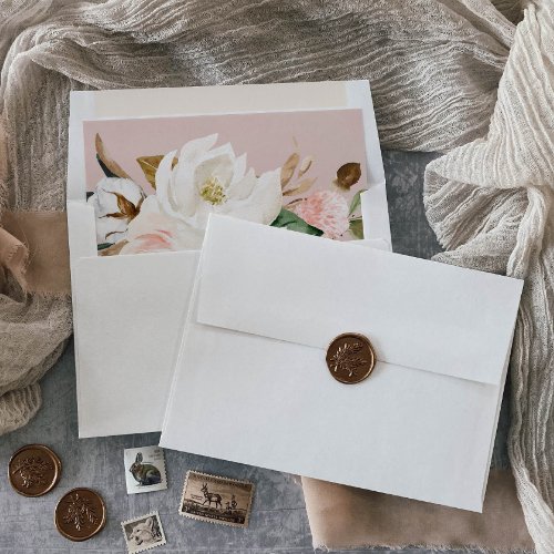 Elegant Magnolia  White and Blush Wedding Envelope Liner