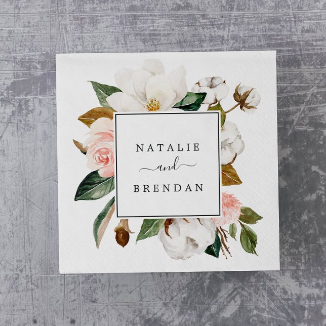 Elegant Magnolia | White and Blush Wedding Napkins (Creator Uploaded)