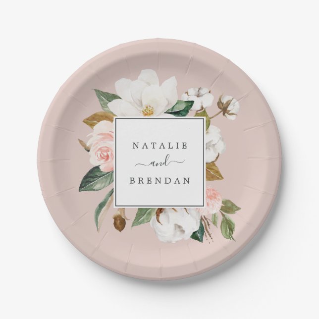 Elegant Magnolia | White and Blush Wedding Paper Plates (Front)