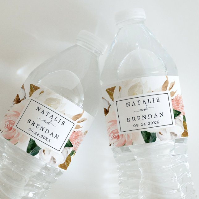 Elegant Magnolia | White and Blush Wedding Water Bottle Label (Creator Uploaded)