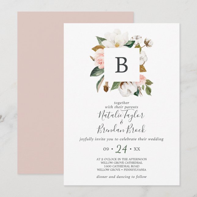 Elegant Magnolia | White & Blush Monogram Wedding Invitation (Front/Back)