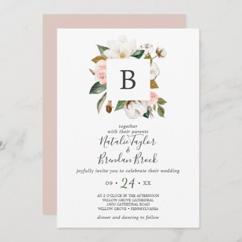 Elegant Magnolia  White  Blush Monogram Wedding Invitation