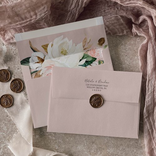 Elegant Magnolia White  Blush Wedding Invitation Envelope