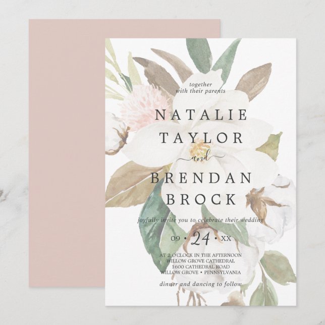Elegant Magnolia | White Faded Floral Wedding Invitation (Front/Back)