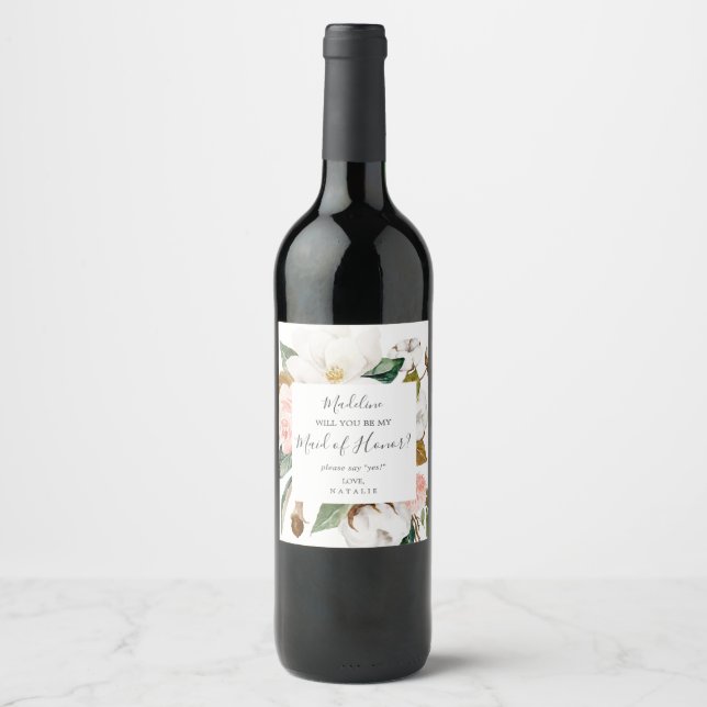 Elegant Magnolia | White Maid of Honor Proposal Wine Label (Front)