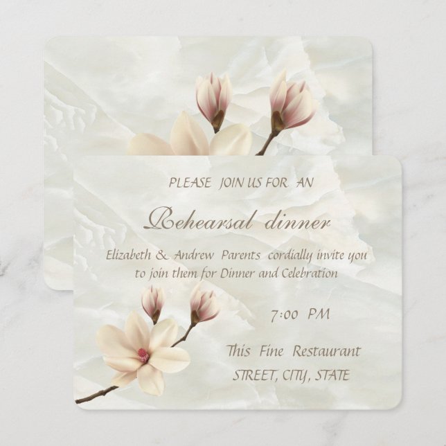 Elegant  Magnolia, White Marble  Rehearsal Dinner Invitation (Front/Back)