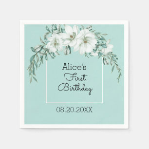 Elegant Magnolia White Pastel Green 1st Birthday Napkins