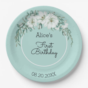 Elegant Magnolia White Pastel Green 1st Birthday Paper Plates