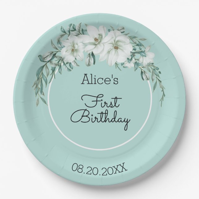 Elegant Magnolia White Pastel Green 1st Birthday Paper Plates (Front)