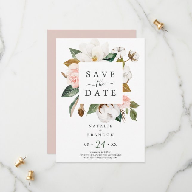 Elegant Magnolia | White Save the Date Card (Front/Back In Situ)