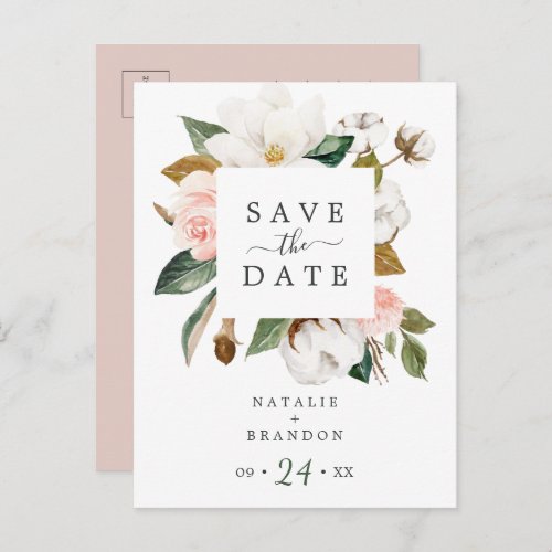 Elegant Magnolia  White Save the Date Postcard