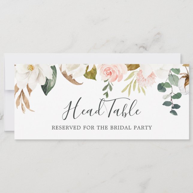 Elegant Magnolia | White Wedding Head Table Sign Invitation (Front)