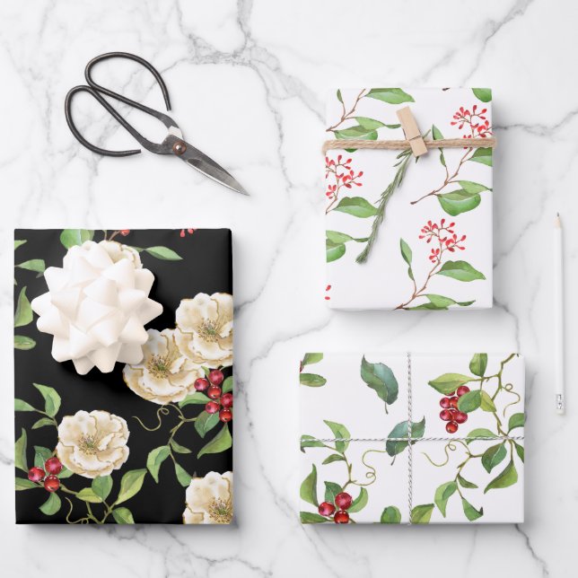 Elegant Magnolia with Berries and Foliage Holiday Wrapping Paper Sheets (Front)