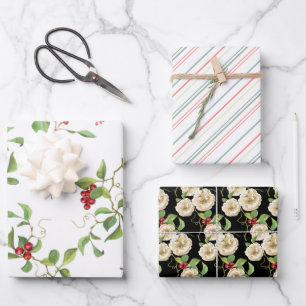 Elegant Magnolias and Red Berry Foliage Holiday Wrapping Paper Sheets