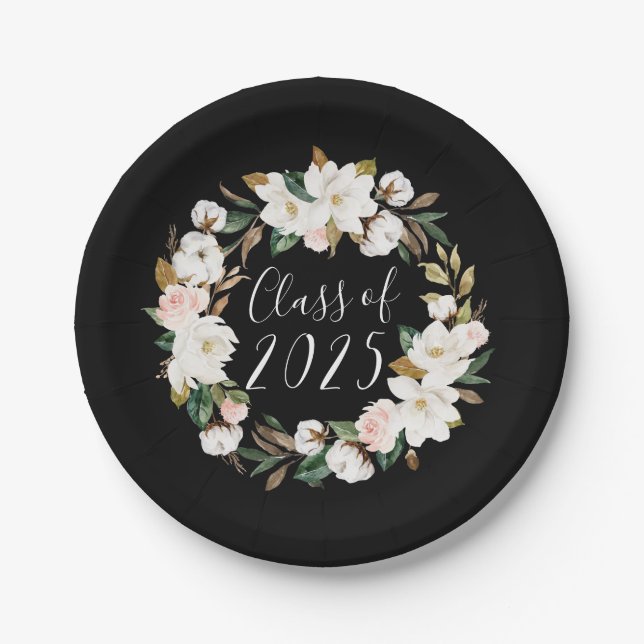 Elegant Magnolias Class of 2025 Graduation Paper Plates (Front)