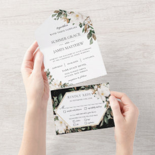 Elegant Magnolias Cotton Floral Greenery Wedding All In One Invitation