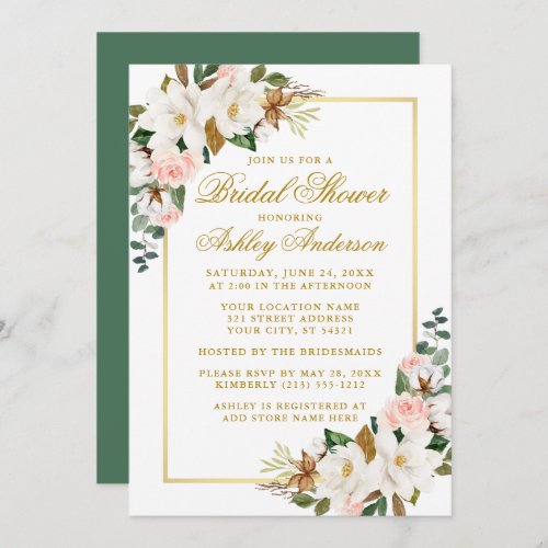 Elegant Magnolias Roses Gold Bridal Shower Green Invitation