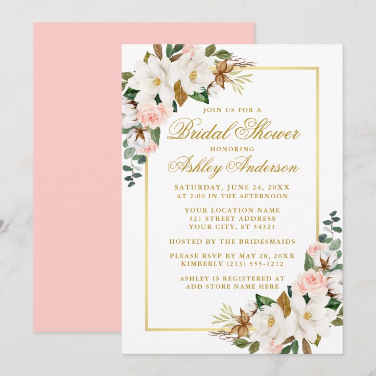 Elegant Magnolias Roses Gold Pink Bridal Shower Invitation Zazzle