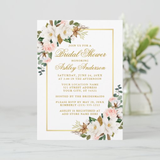 Elegant Magnolias Roses Gold Pink Bridal Shower Invitation Zazzle 2661