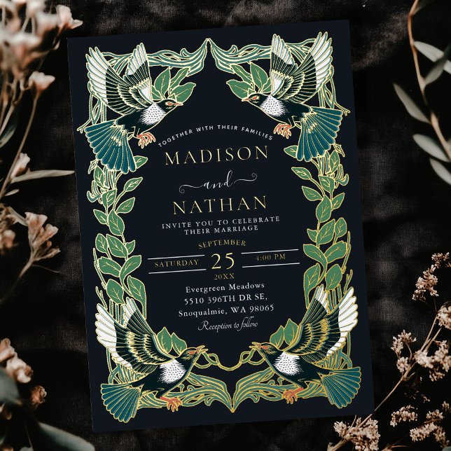 Elegant Magpie Art Nouveau Wedding  Foil Invitation (Creator Uploaded)