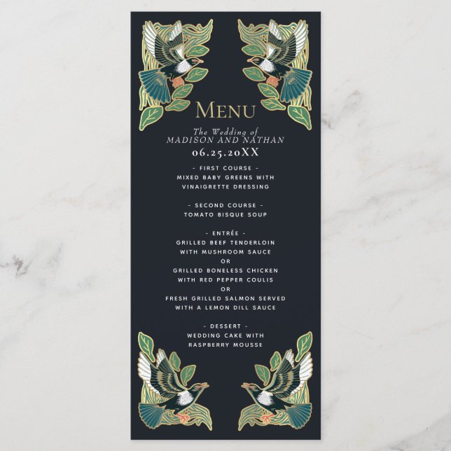 Elegant Magpie Art Nouveau Wedding  Menu (Front)