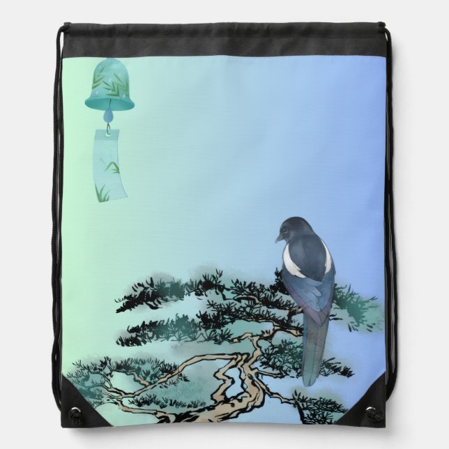 Elegant Magpie Bird & Japanese Bonsai Drawstring B Bag (Front)