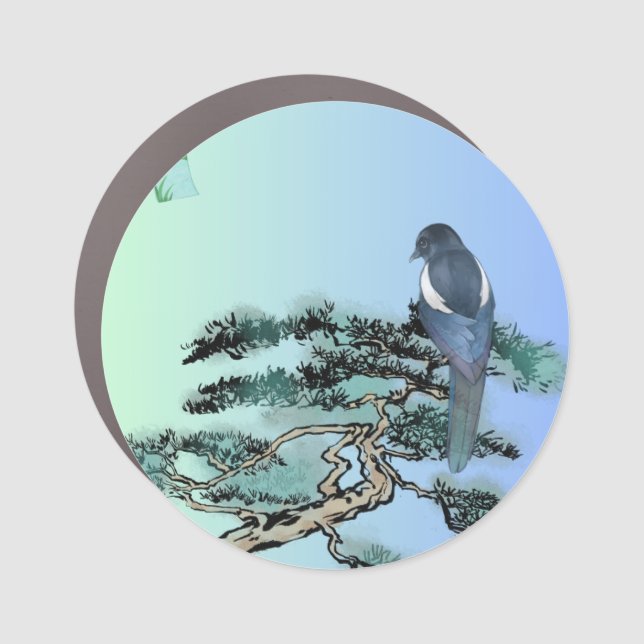 ​Elegant Magpie Bonsai Tree Japanese Aesthetic Squ Car Magnet (Front)