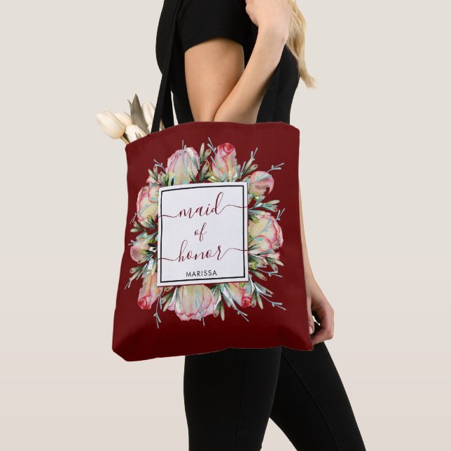 Elegant Maid of Honor Burgundy Wedding Gift Tote Bag (Close Up)