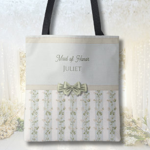 Elegant Maid of Honor Floral Stripes Coquette Bow Tote Bag