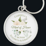 Elegant Maid of Honor Ivory Peach Roses Wedding Keychain<br><div class="desc">This keychain is designed as a gift or favor for your maid of honor. It features a rustic hand painted watercolor floral design with a bouquet of ivory peach colored roses, eucalyptus leaves and foliage, with a white banner across the center reading: Maid of Honor in elegant moss green script...</div>
