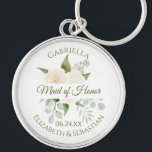 Elegant Maid of Honor Ivory Peach Roses Wedding Keychain<br><div class="desc">This keychain is designed as a gift or favor for your maid of honor. It features a rustic hand painted watercolor floral design with a bouquet of ivory peach colored roses, eucalyptus leaves and foliage, with a white banner across the center reading: Maid of Honor in elegant moss green script...</div>