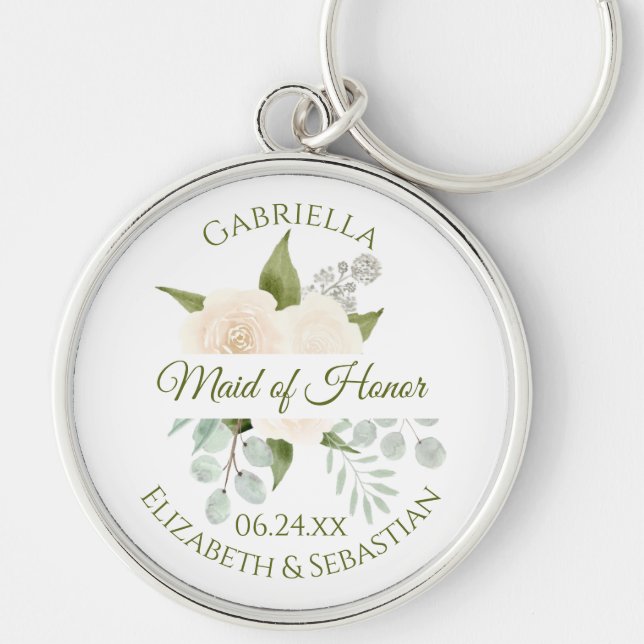 Elegant Maid of Honor Ivory Peach Roses Wedding Keychain (Front)