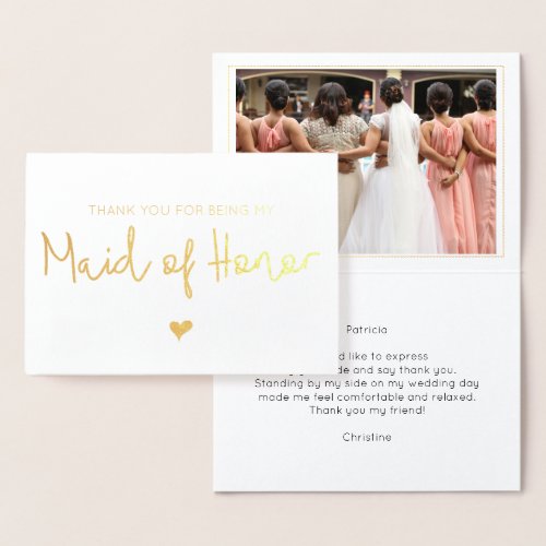 Elegant Maid of Honor Thank You Photo Gold Foil Card