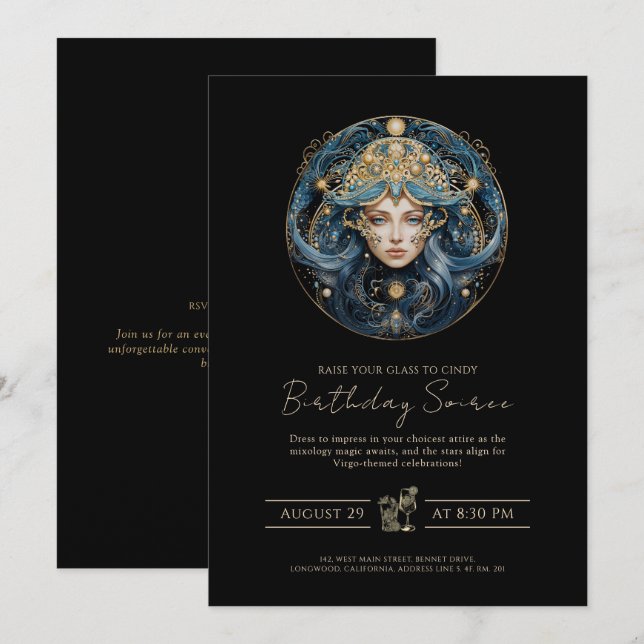 Elegant Maiden Sun Sign Cosmic Black Gold Virgo Invitation (Front/Back)