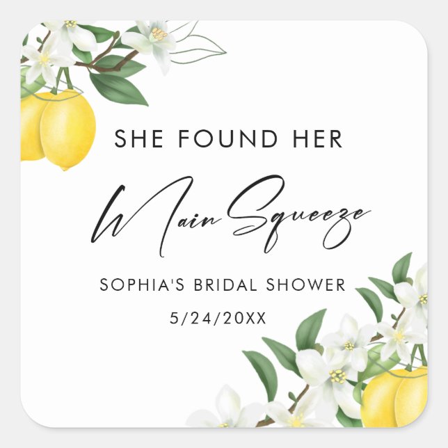 Elegant Main Squeeze Bridal Shower Favors Square Sticker (Front)
