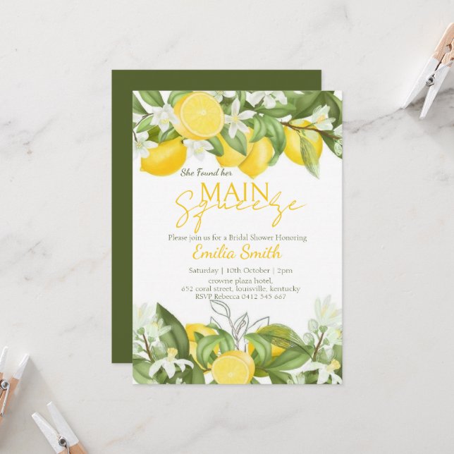 Elegant Main Squeeze Lemon Bridal Shower  Invitation (Front/Back In Situ)