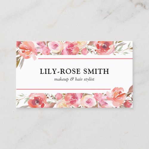 Elegant Makeup Artist Hair Stylist Pink Floral Business Card - Elegant professional business cards featuring a simple white background that can be change to any color, rose and peony pink floral watercolor design and a modern template that is easy to personalize. This design is perfect for a Wedding Planner, Florist, Event Organizer, Makeup Artist, Beautician, Hair Stylist, Nail Technician, Cosmetologist, or Salon.