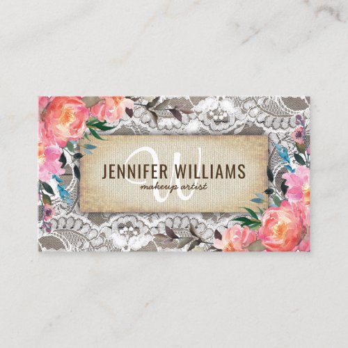 Elegant Makeup Artist Wedding Rustic Floral Business Card - Rustic chic professional business cards featuring a wooden background, elegant bridal lace, plush pink floral decor and a template thats easily personalized. This design is perfect for a Wedding Planner, Florist, Event Organizer, Makeup Artist, Beautician, Hair Stylist, Nail Technician, Cosmetologist, and Salon.