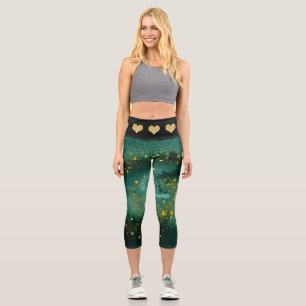 Elegant Malachite Gold Hearts Pattern Capri Leggings