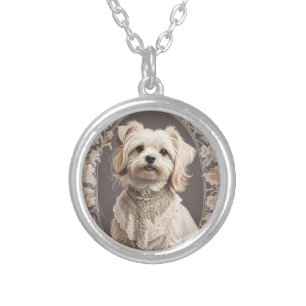 Elegant Maltese Dog William Morris Inspired Silver Plated Necklace