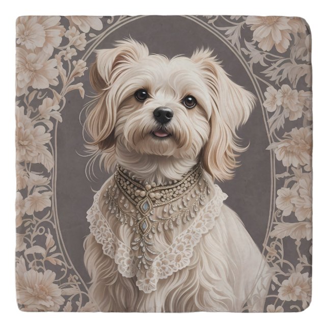 Elegant Maltese Dog William Morris Inspired Trivet (Front)